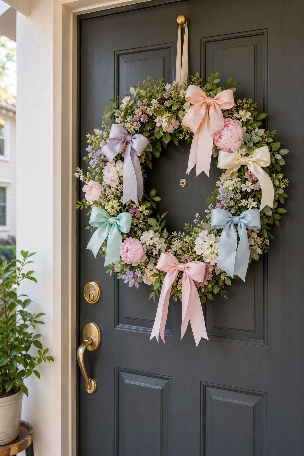 Pastel Ribbon Bow Wreath small apartment idea for Top 15 Mother's Day Wreath Ideas for Your Front Door.
