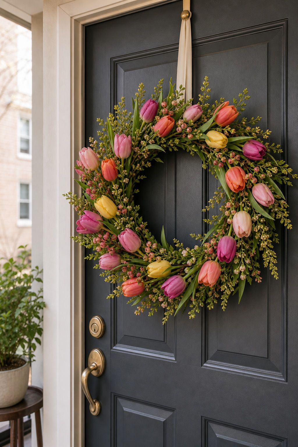 Tulip and Berry Wreath small apartment idea for Top 15 Mother's Day Wreath Ideas for Your Front Door.