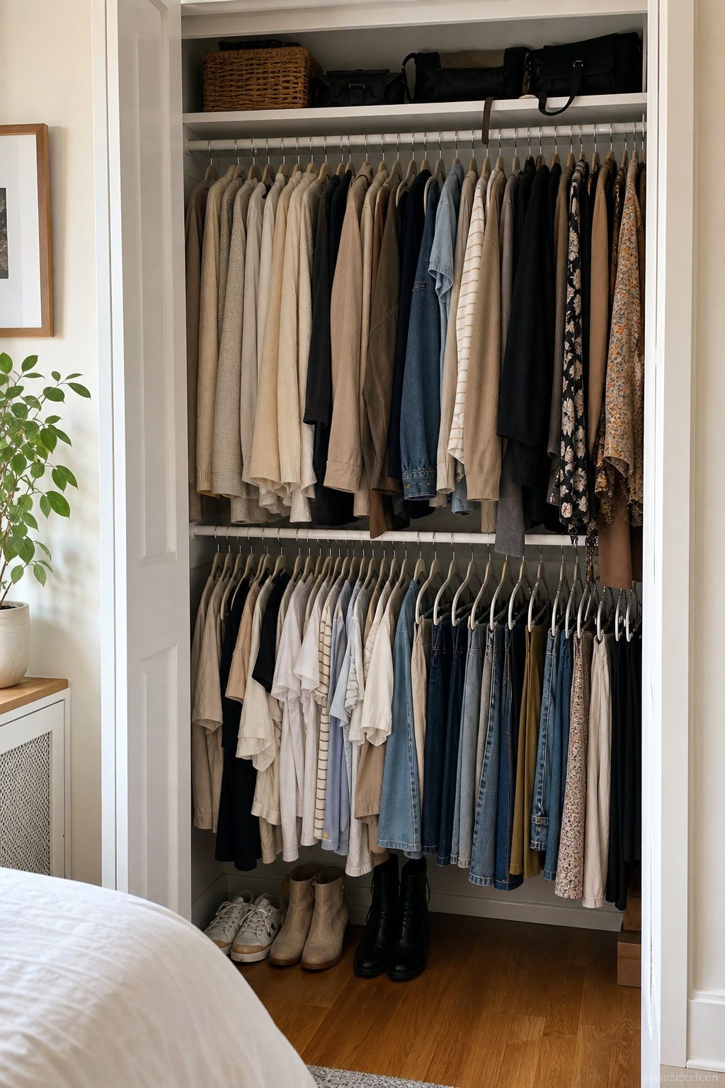Add a Second Rod Underneath for Shorter Items small apartment idea for Top 17 Small Apartment Closet Organization Tips That Maximize Every Inch.
