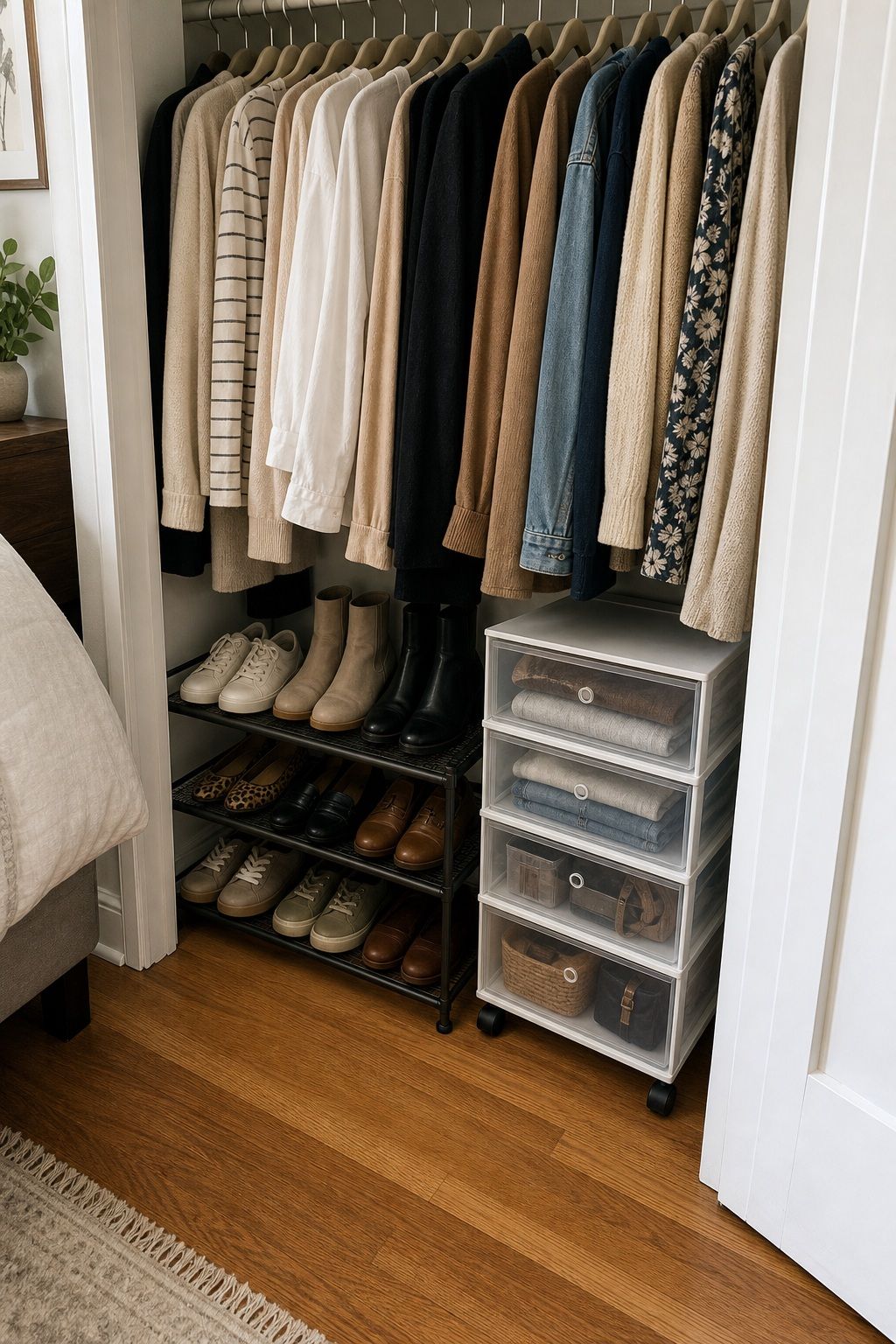 Use the Floor for a Shoe Rack or Rolling Drawers small apartment idea for Top 17 Small Apartment Closet Organization Tips That Maximize Every Inch.