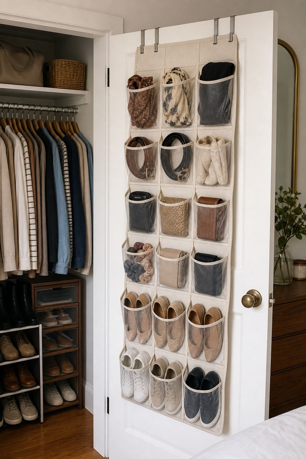 Hang an Over-Door Organizer for Shoes or Accessories small apartment idea for Top 17 Small Apartment Closet Organization Tips That Maximize Every Inch.