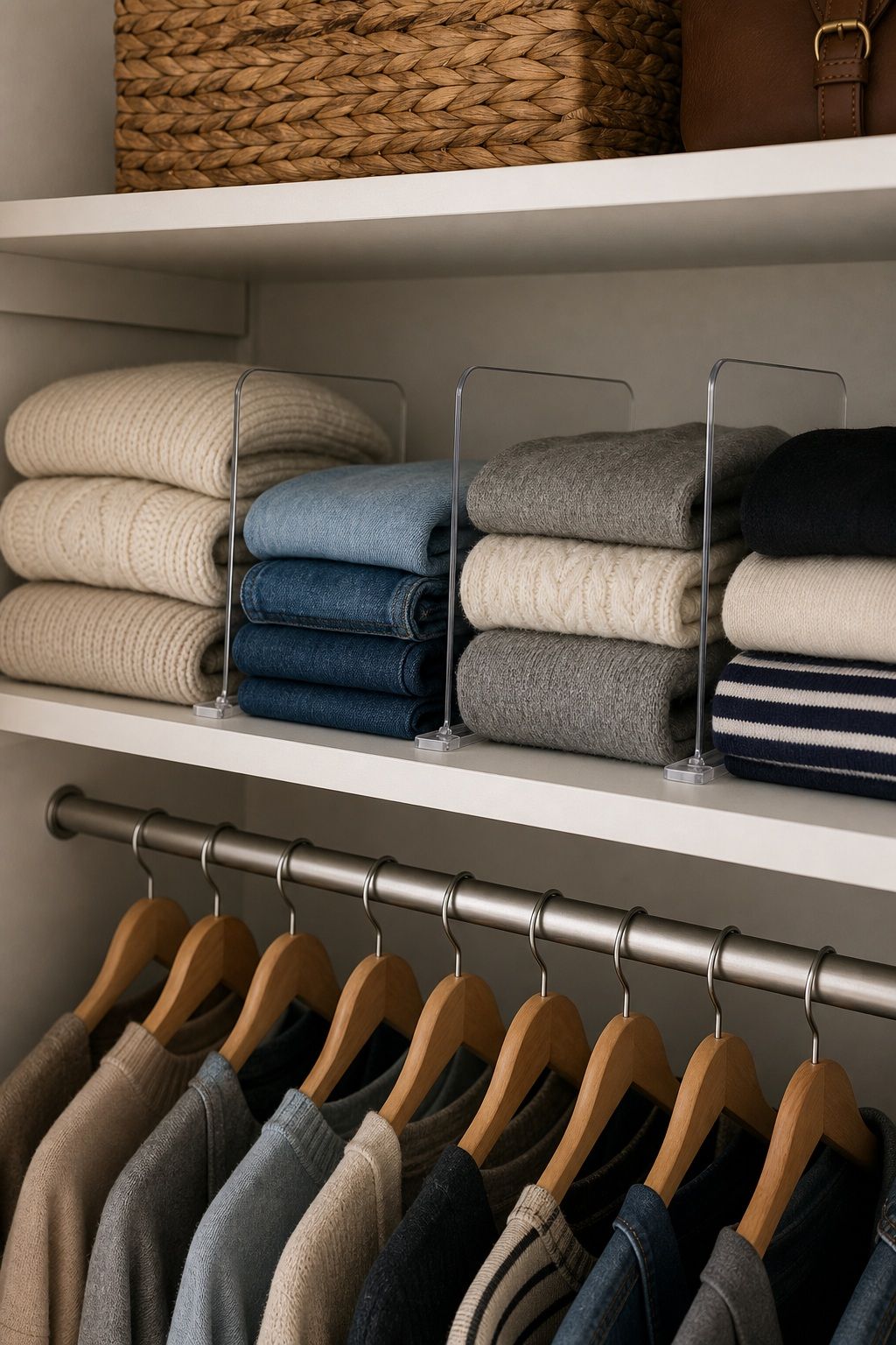 Use Shelf Dividers to Keep Folded Stacks Upright small apartment idea for Top 17 Small Apartment Closet Organization Tips That Maximize Every Inch.