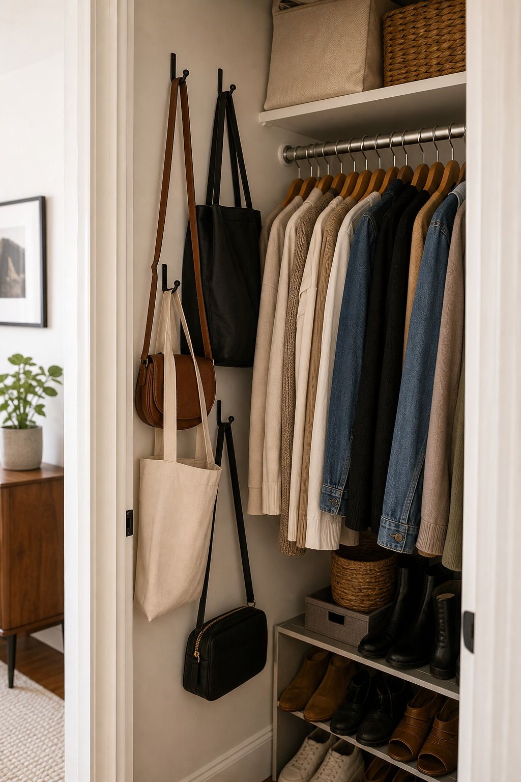 Hang Bags on Hooks Along the Side Wall small apartment idea for Top 17 Small Apartment Closet Organization Tips That Maximize Every Inch.
