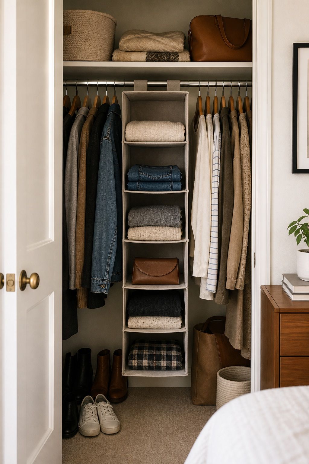 A Hanging Closet Organizer Adds Instant Shelving small apartment idea for Top 17 Small Apartment Closet Organization Tips That Maximize Every Inch.