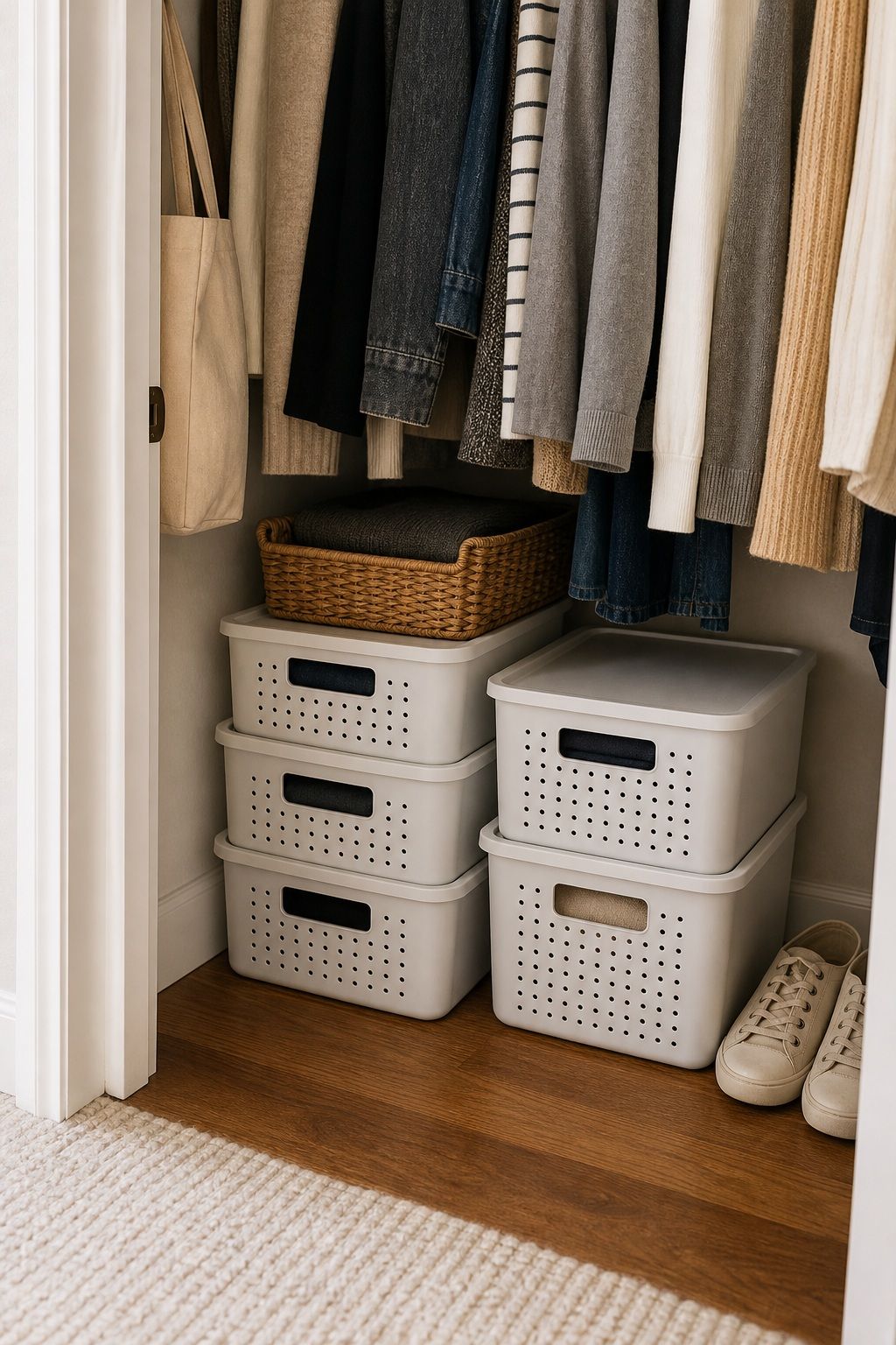 Stackable Bins Turn Floor Space Into Organized Storage small apartment idea for Top 17 Small Apartment Closet Organization Tips That Maximize Every Inch.