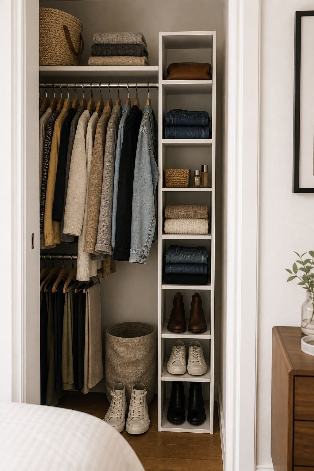 A Slim Closet Tower Fits Where Nothing Else Does small apartment idea for Top 17 Small Apartment Closet Organization Tips That Maximize Every Inch.