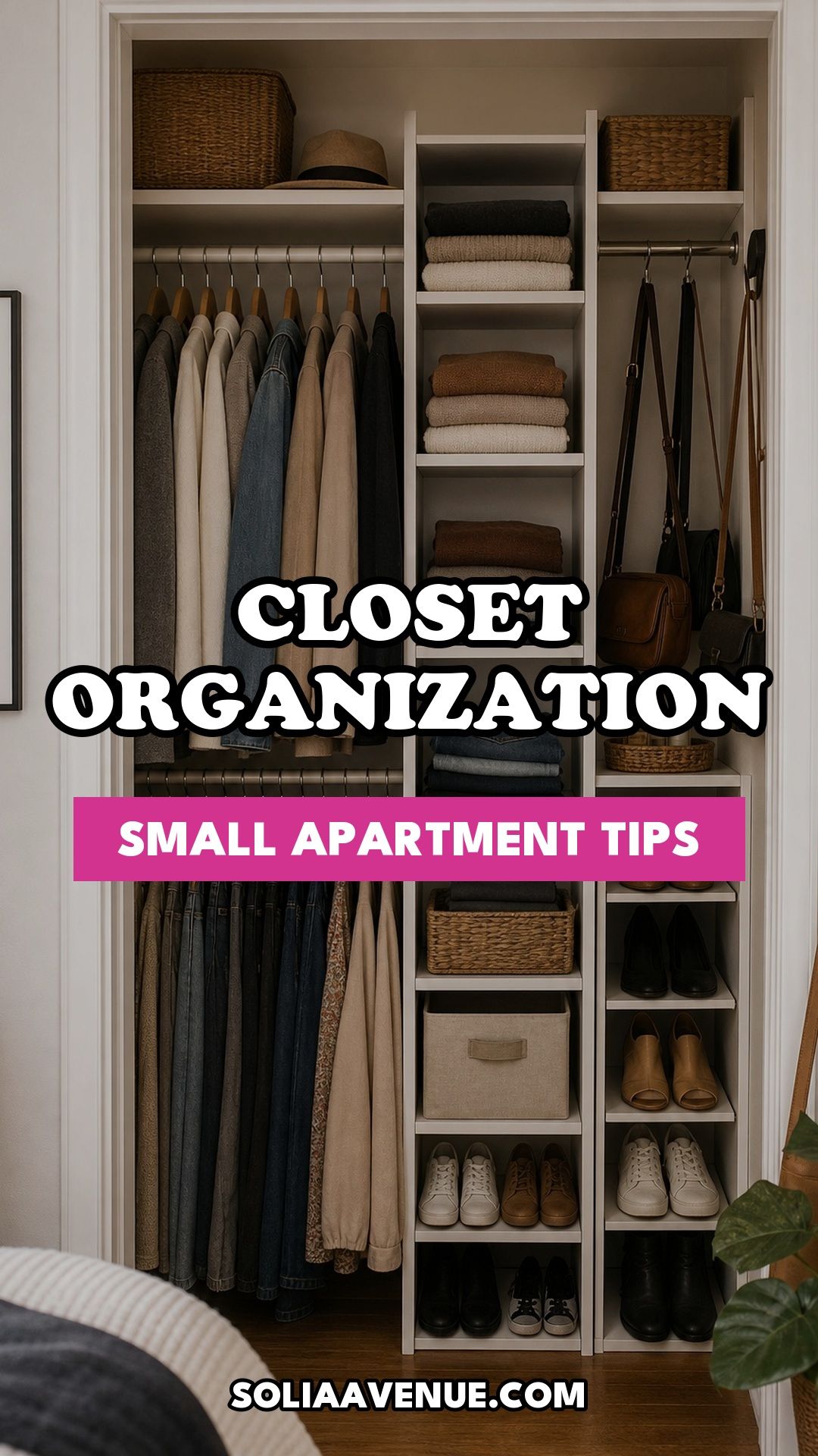 Pinterest pin for Top 17 Small Apartment Closet Organization Tips That Maximize Every Inch from Solia Avenue.