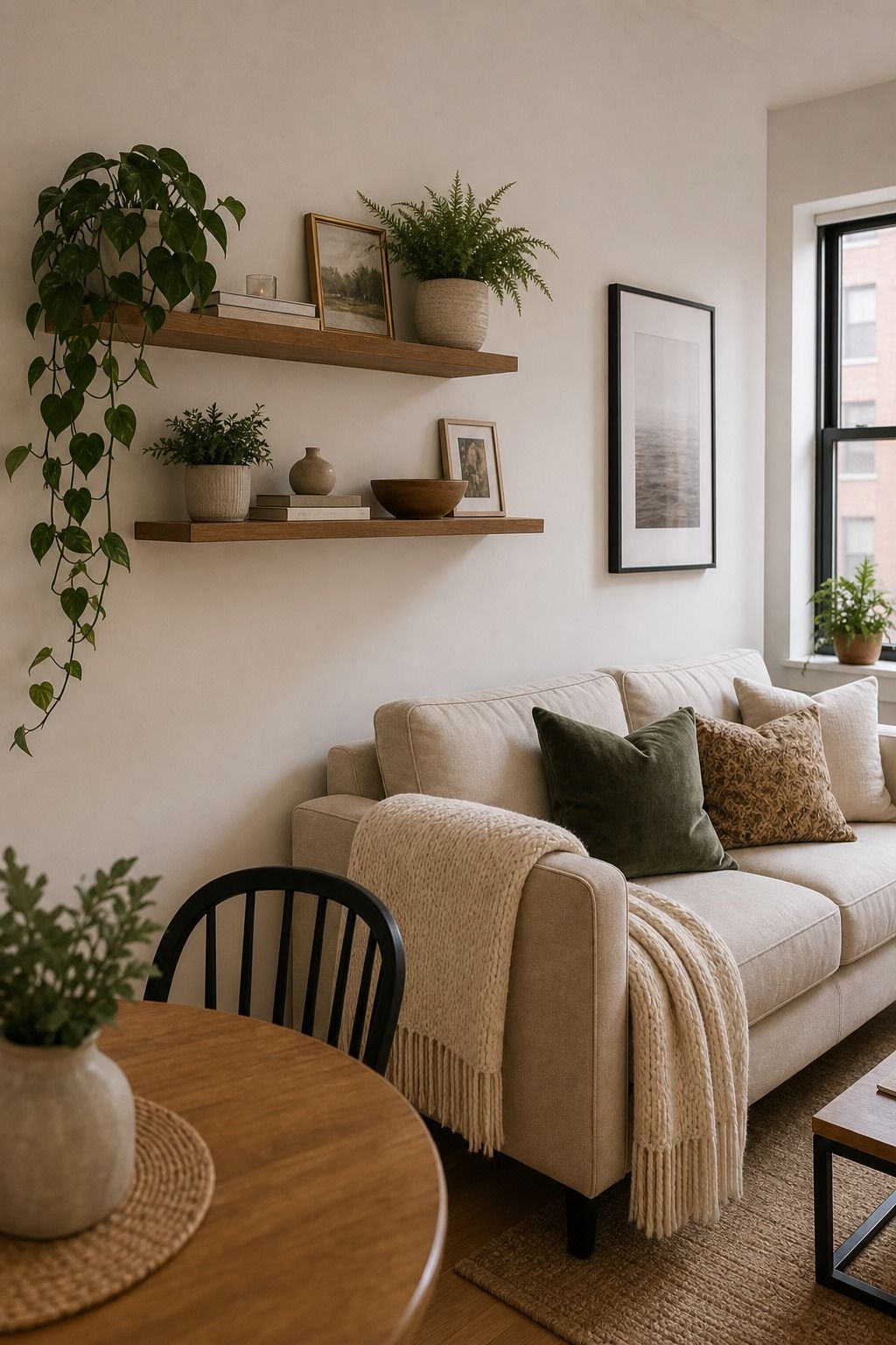 Use Floating Shelves Instead of Bulky Storage small apartment idea for Top 18 Small Apartment Interior Design Ideas That Transform Your Space.
