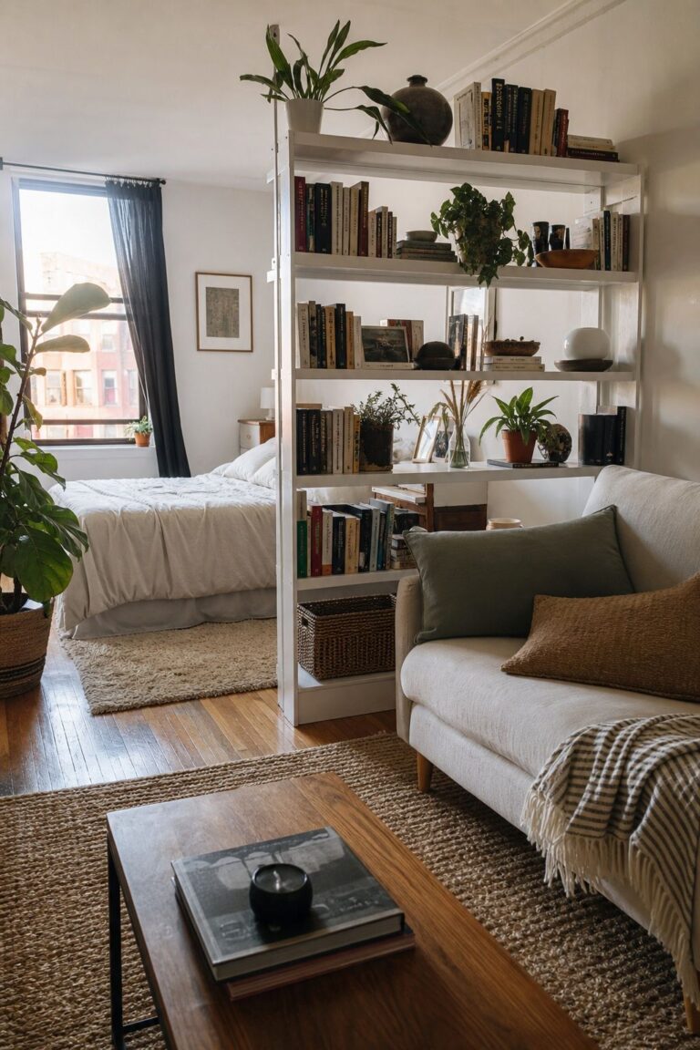 Bookshelf as Room Divider small apartment idea for Top 20 Small Studio Apartment Ideas to Make Every Square Foot Count.