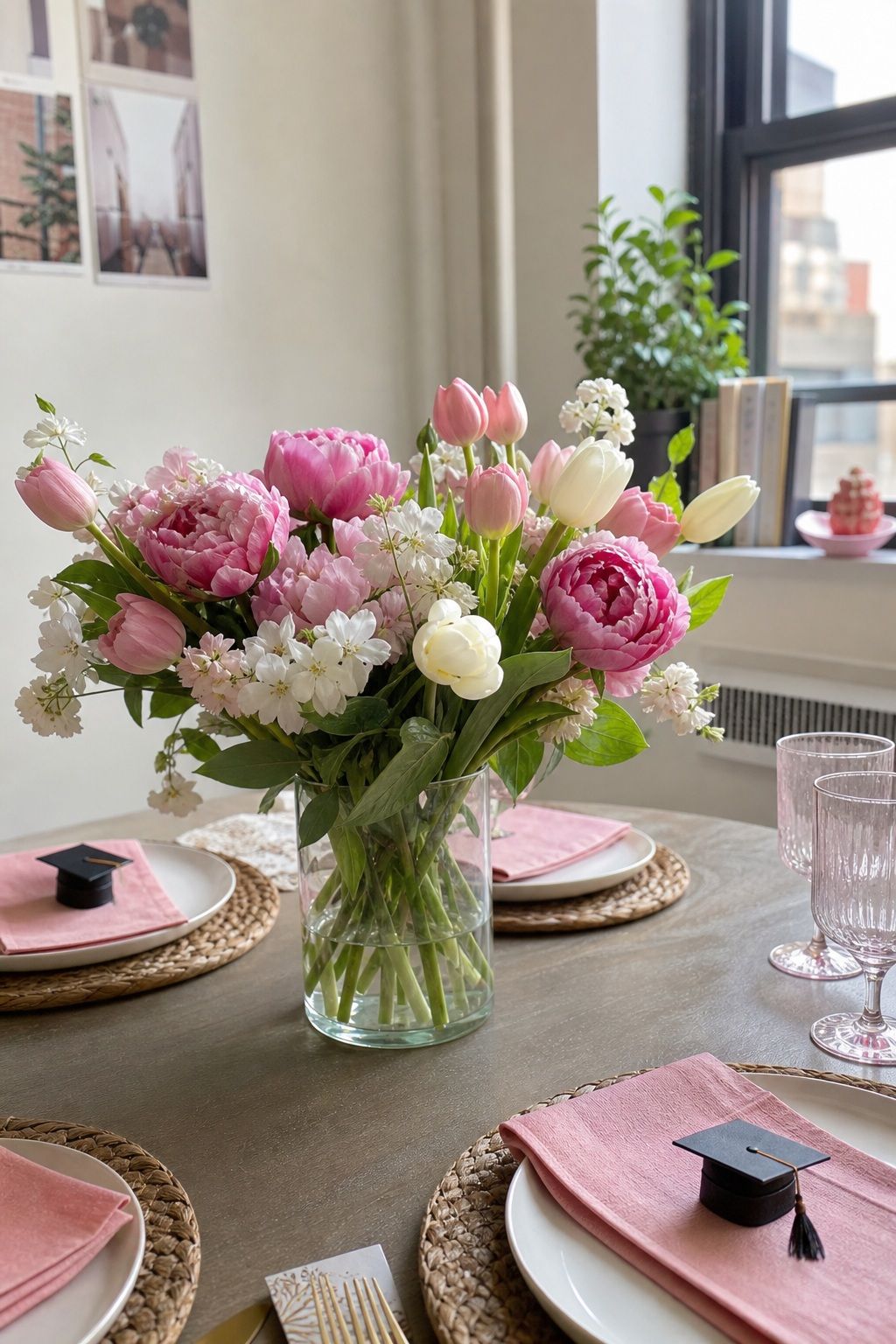 Tulip and Peony Mixed Bouquet Centerpiece small apartment idea for Top 18 Simple and Inviting Spring Graduation Party Decor Tips.