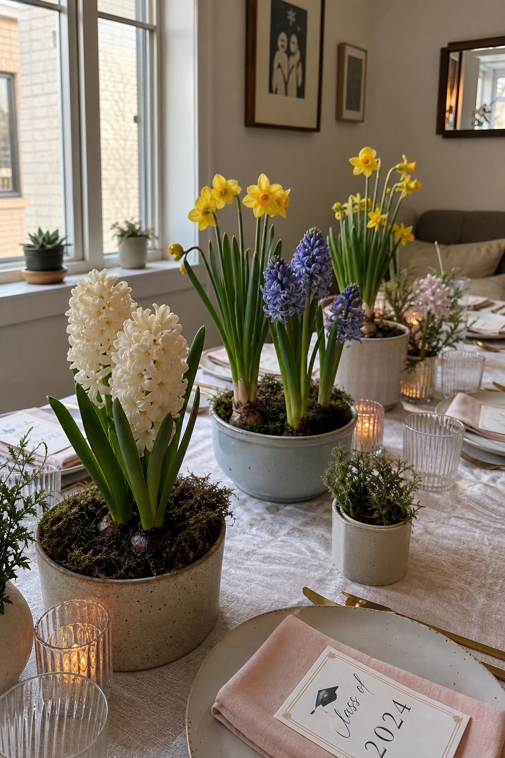 Hyacinth and Daffodil Spring Bulb Centerpieces small apartment idea for Top 18 Simple and Inviting Spring Graduation Party Decor Tips.