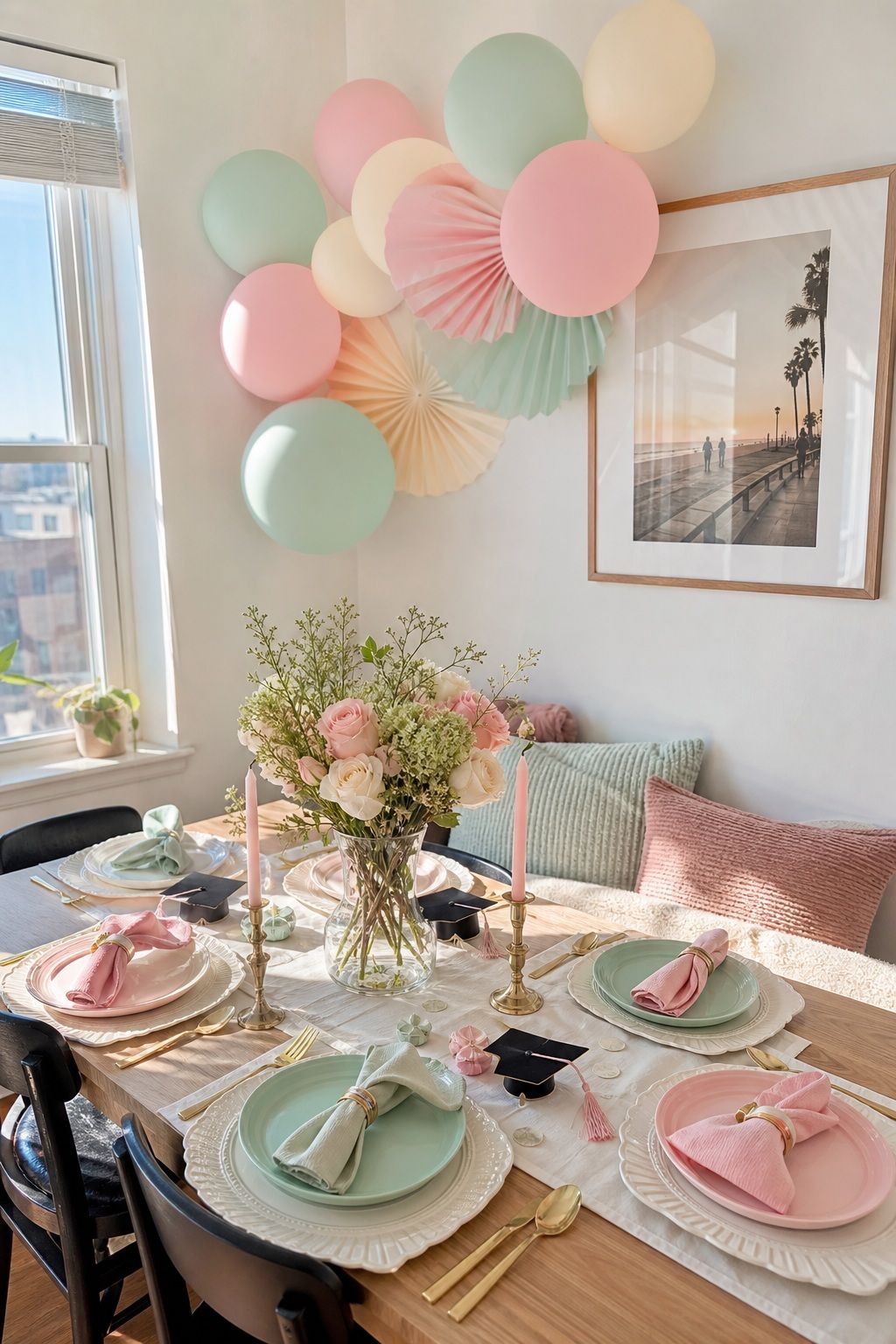 Pastel Pink, Mint, and Cream Three-Color Palette small apartment idea for Top 18 Simple and Inviting Spring Graduation Party Decor Tips.