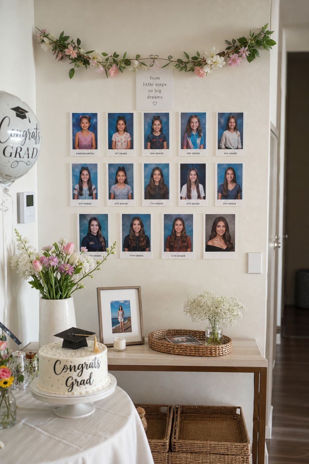 Year-by-Year Photo Wall From K to 12 small apartment idea for Top 18 Simple and Inviting Spring Graduation Party Decor Tips.