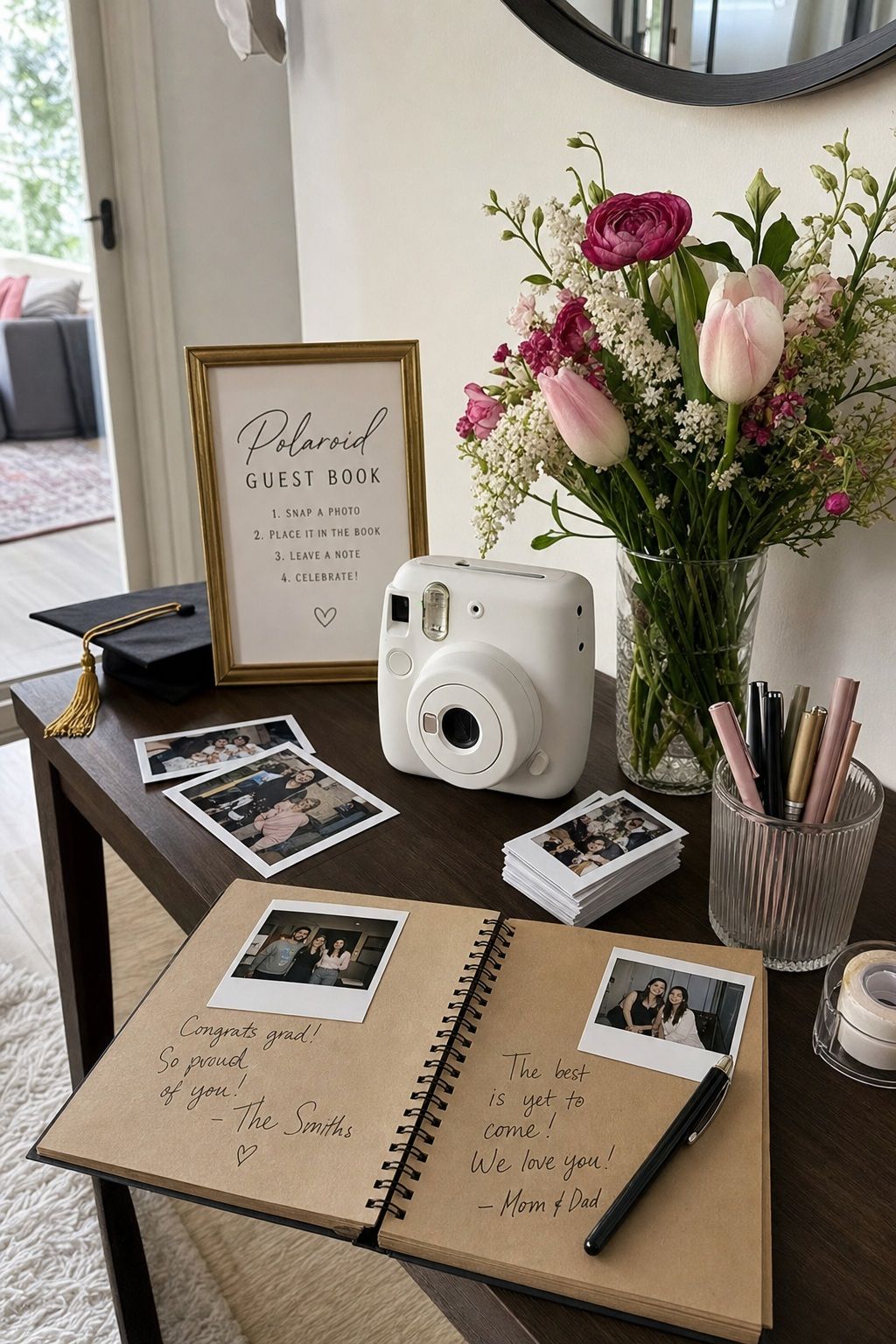 Polaroid Guest Book Station small apartment idea for Top 18 Simple and Inviting Spring Graduation Party Decor Tips.
