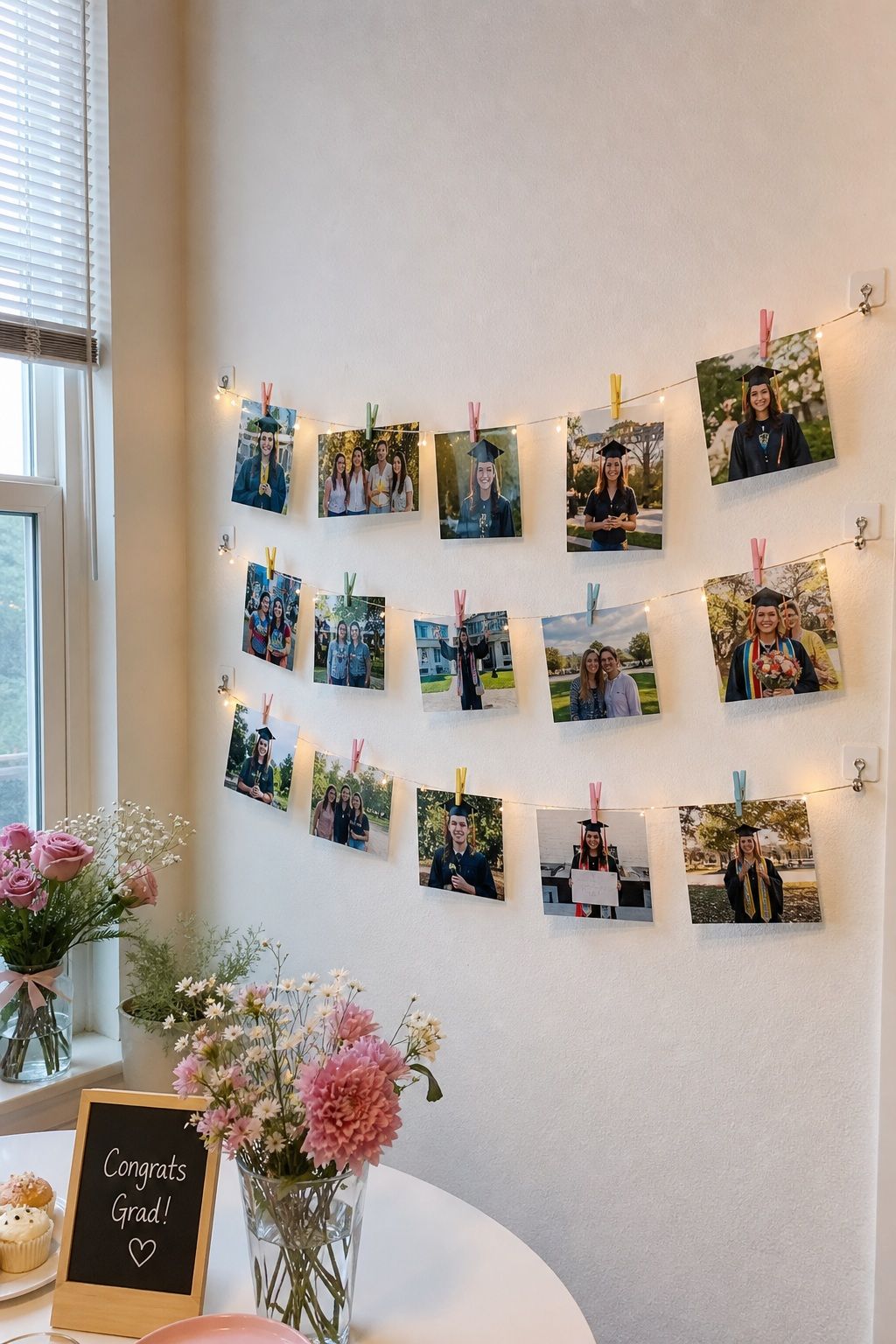 Hanging String Photo Display small apartment idea for Top 18 Simple and Inviting Spring Graduation Party Decor Tips.