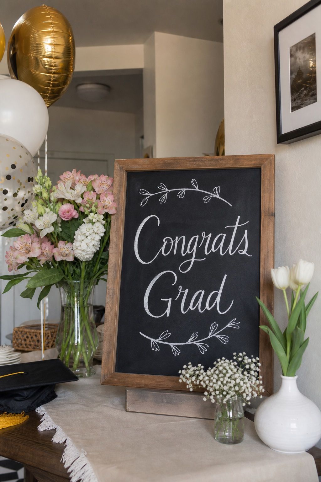 Chalkboard Welcome Sign with Calligraphy small apartment idea for Top 18 Simple and Inviting Spring Graduation Party Decor Tips.