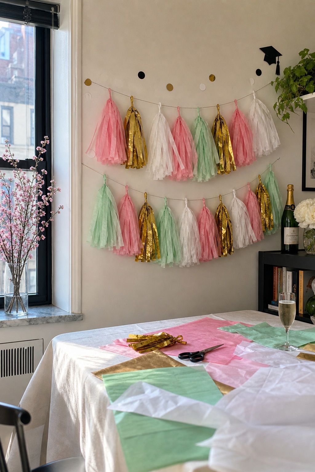 DIY Tissue Paper Tassel Garlands small apartment idea for Top 18 Simple and Inviting Spring Graduation Party Decor Tips.