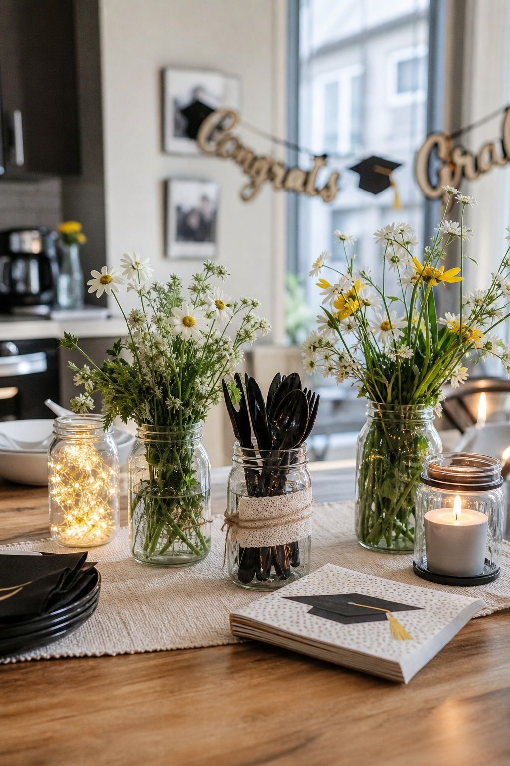 Repurposed Mason Jars from Pantry small apartment idea for Top 18 Simple and Inviting Spring Graduation Party Decor Tips.