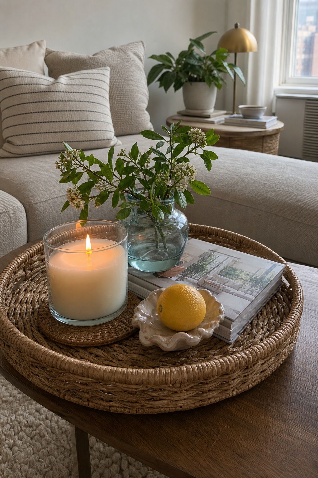 Coffee Table Tray Vignette small apartment idea for Top 20 Summer Decor Inspiration Ideas for Small Apartments.