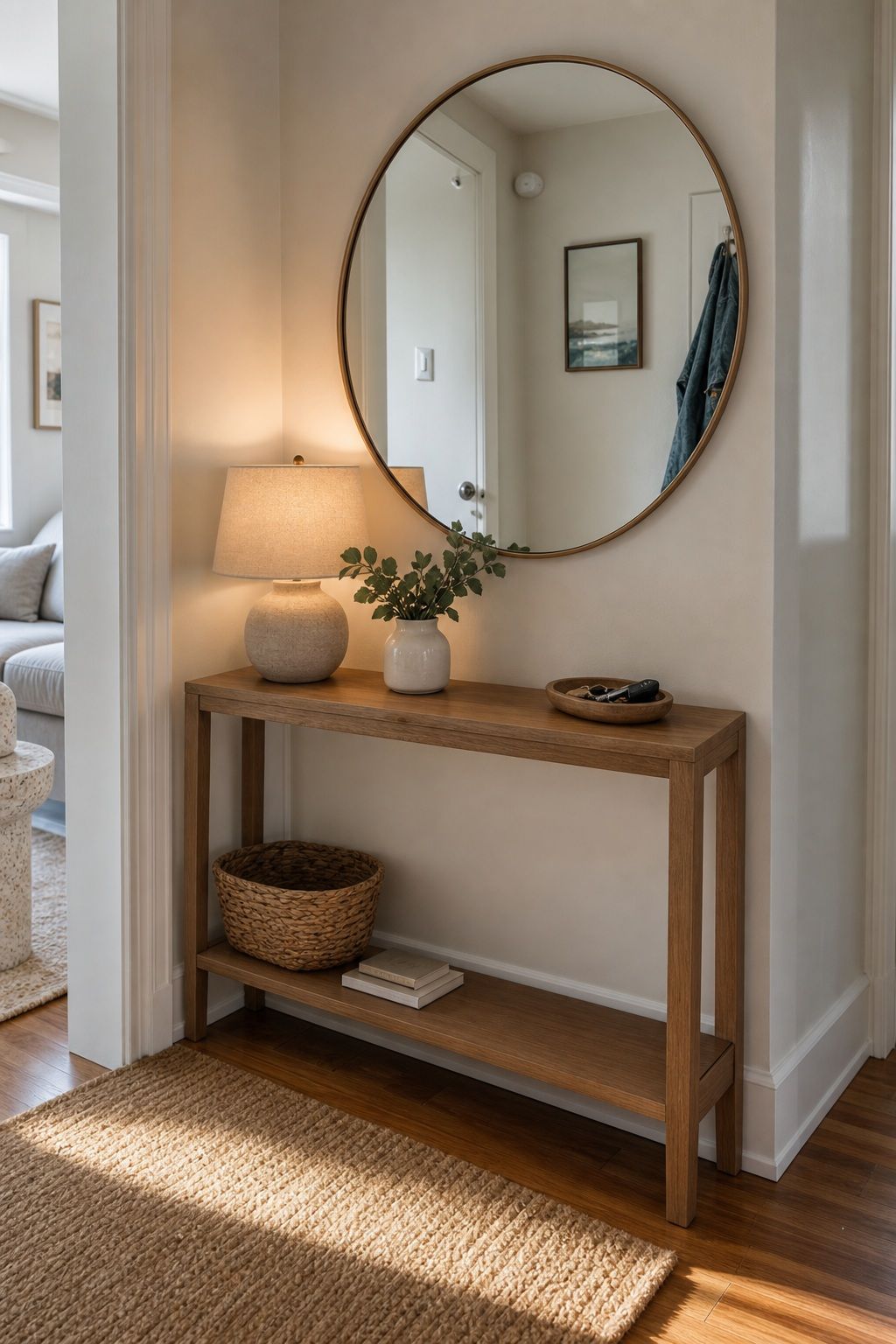Round Mirror Above Console small apartment idea for Top 20 Summer Decor Inspiration Ideas for Small Apartments.