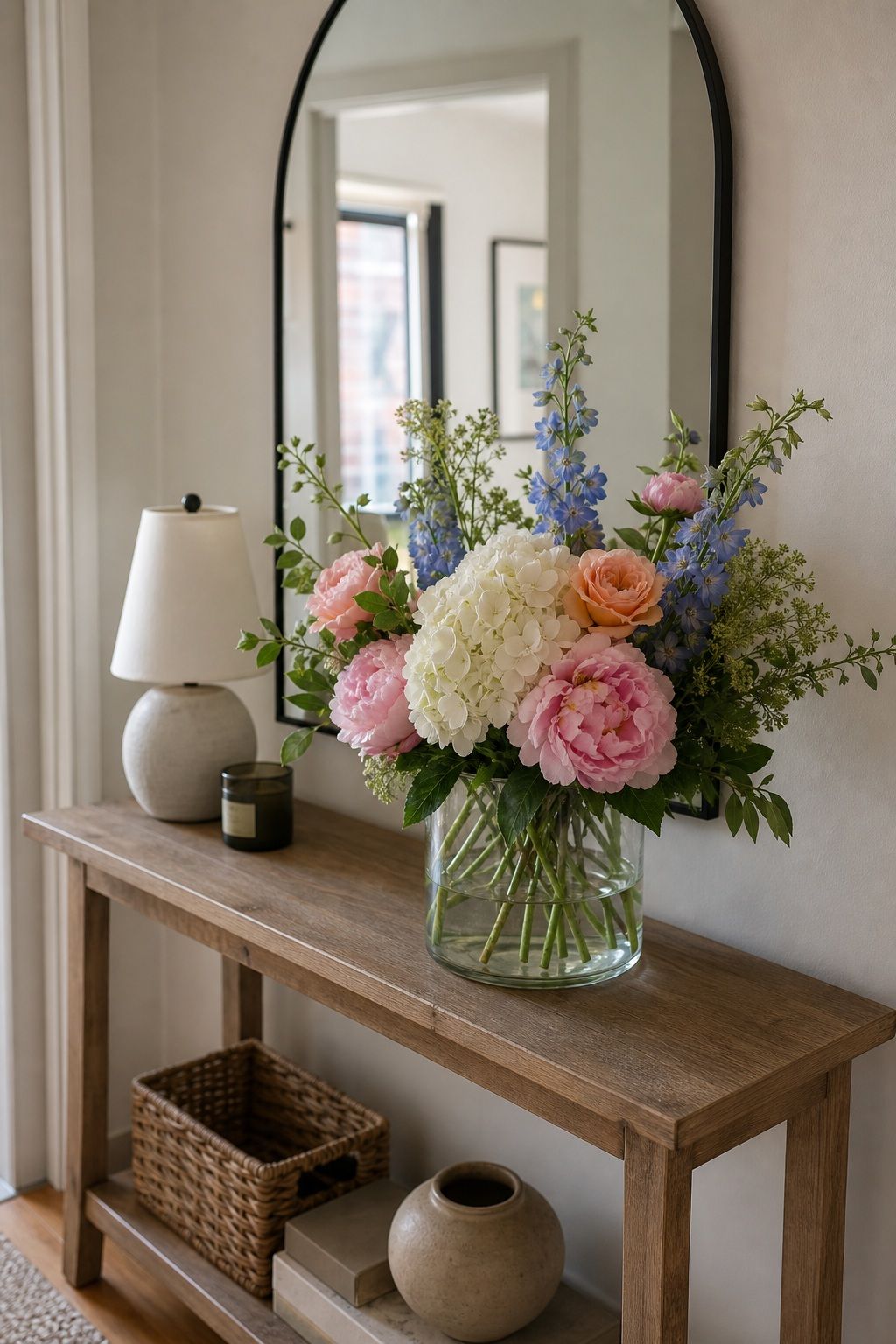 Console Floral Statement small apartment idea for Top 20 Summer Decor Inspiration Ideas for Small Apartments.