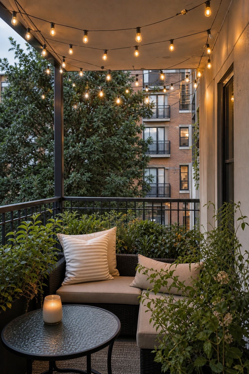 String Lights Overhead small apartment idea for Top 20 Summer Decor Inspiration Ideas for Small Apartments.