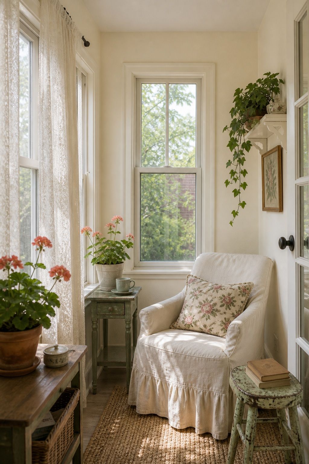 Pure Cream for a Vintage Cottage Look small apartment idea for Top 17 Sunroom Wall Color Ideas for a Bright Apartment Retreat.