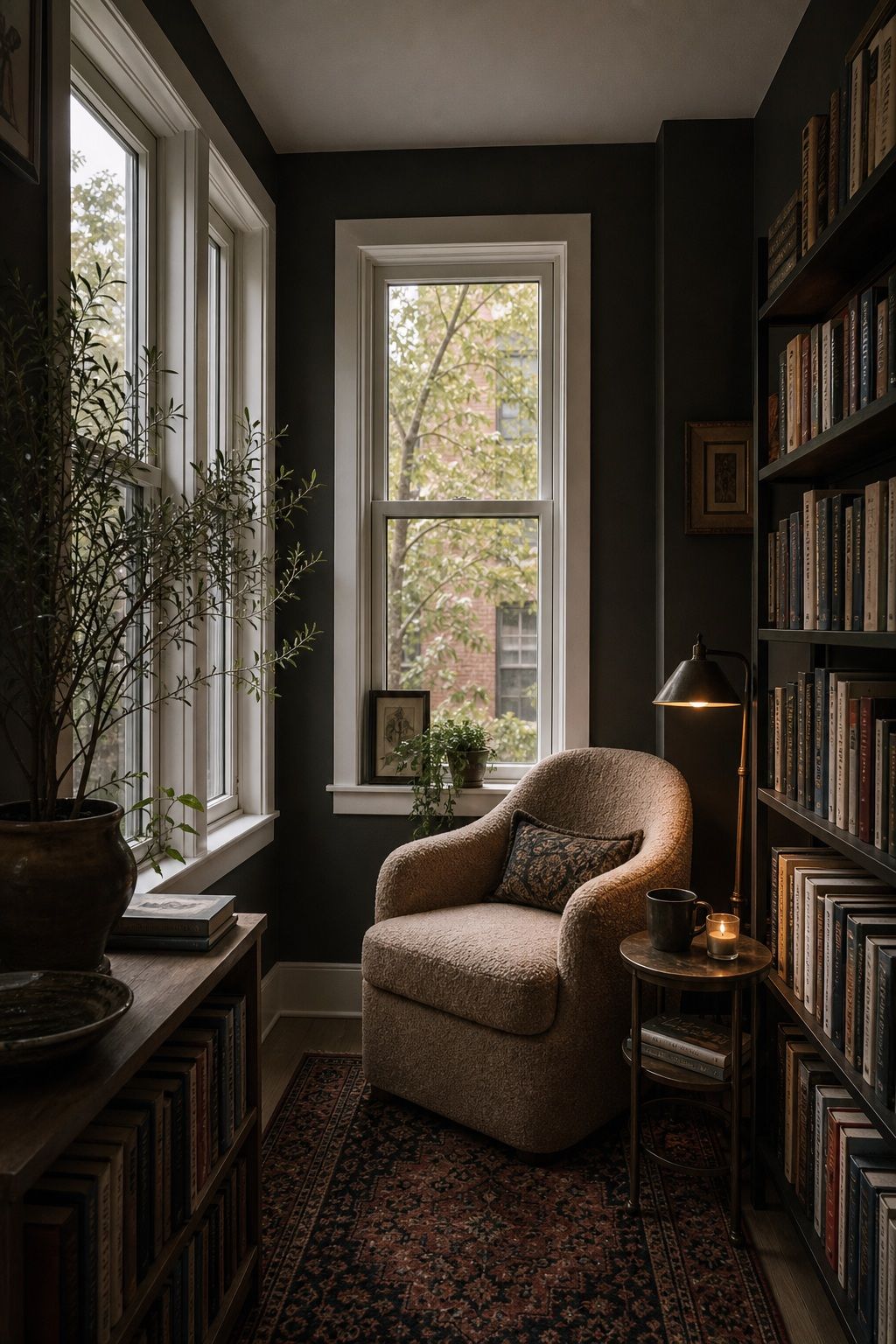 Warm Charcoal for a Moody Library Look small apartment idea for Top 17 Sunroom Wall Color Ideas for a Bright Apartment Retreat.