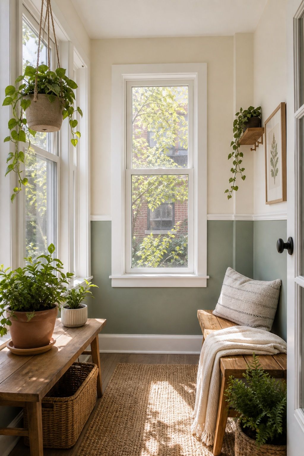 A Two-Tone Wall With Cream Top and Sage Bottom small apartment idea for Top 17 Sunroom Wall Color Ideas for a Bright Apartment Retreat.