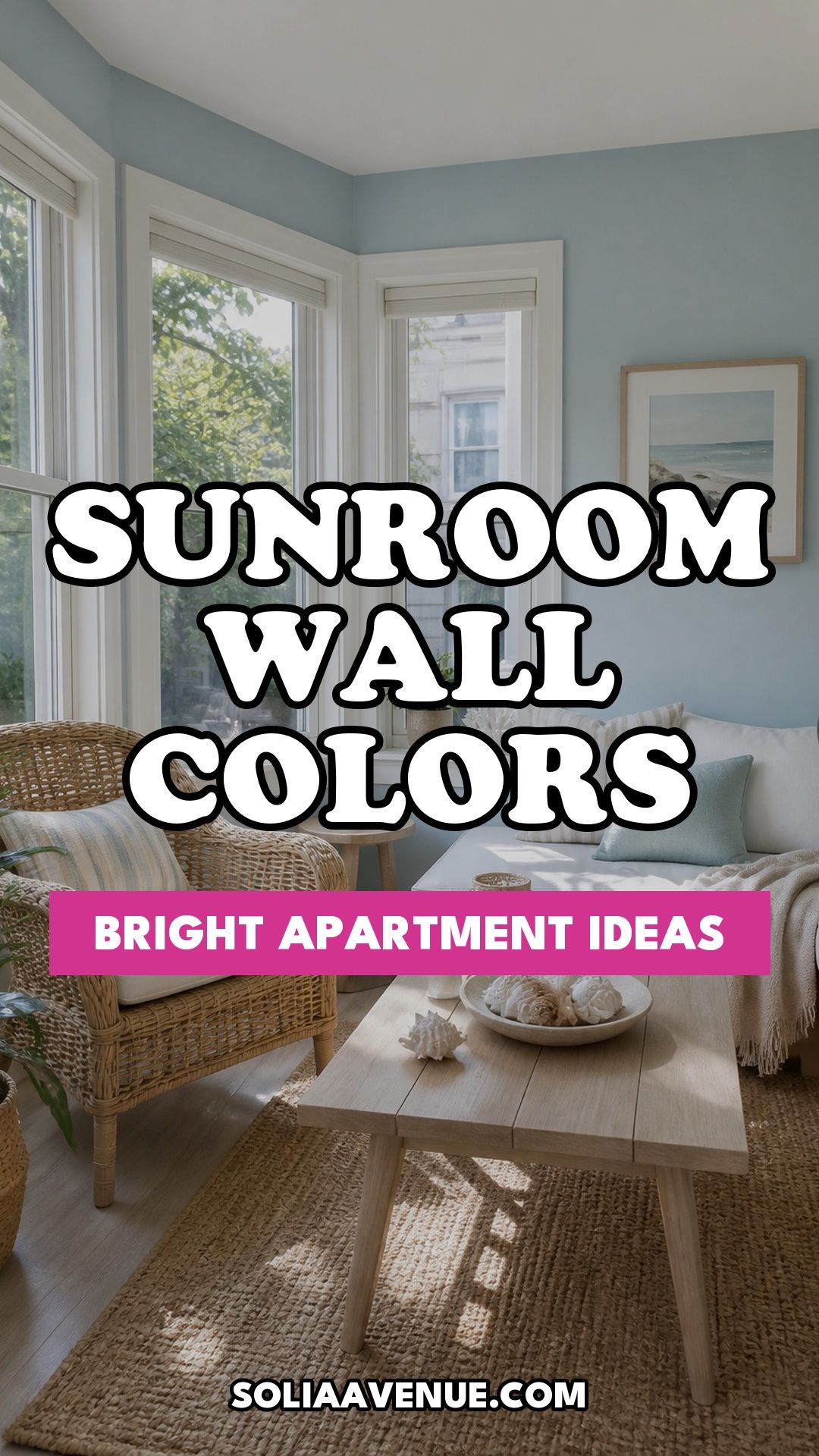 Pinterest pin for Top 17 Sunroom Wall Color Ideas for a Bright Apartment Retreat from Solia Avenue.