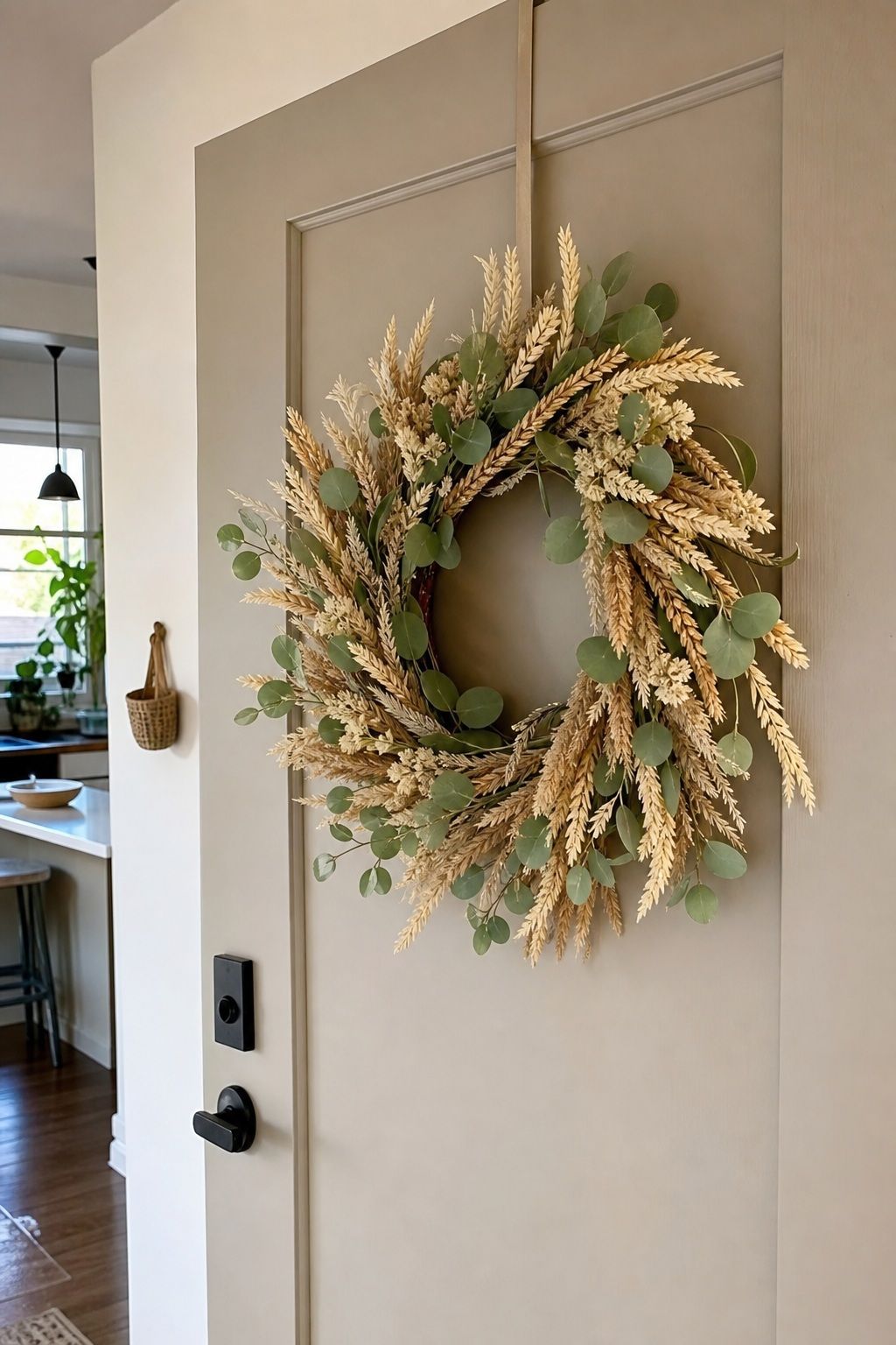 Dried Wheat and Eucalyptus Wreath in Cream Tones small apartment idea for Top 17 Inviting Thanksgiving Door Decor Ideas for Small Apartments.