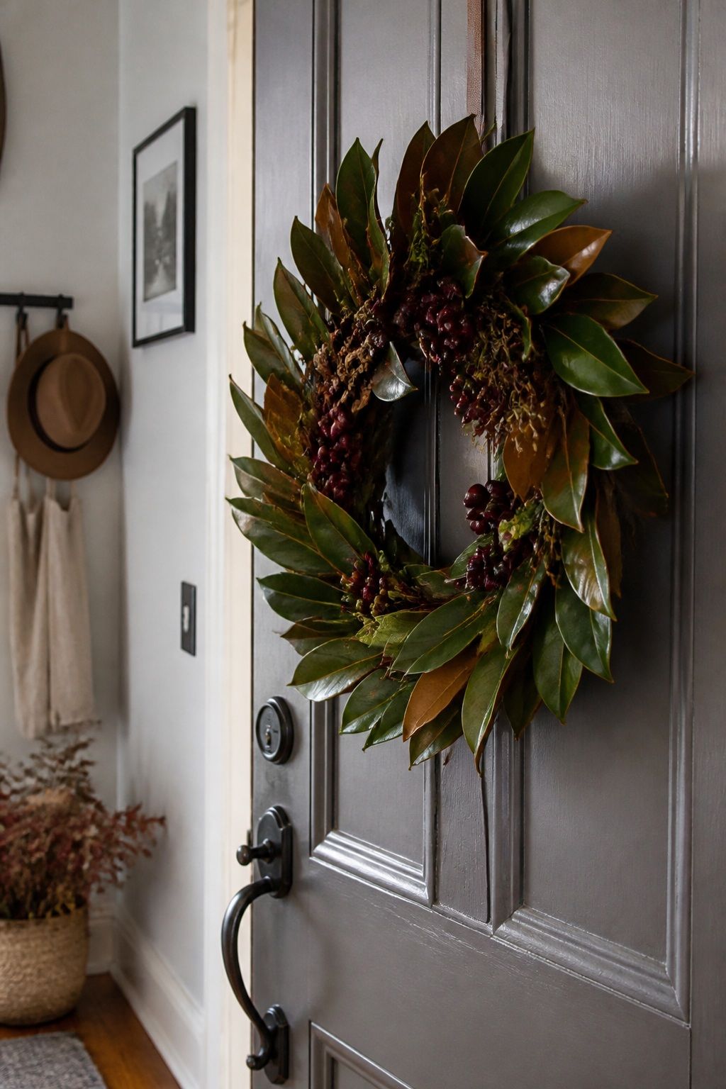 Magnolia Leaf Wreath With Burgundy Berry Accents small apartment idea for Top 17 Inviting Thanksgiving Door Decor Ideas for Small Apartments.