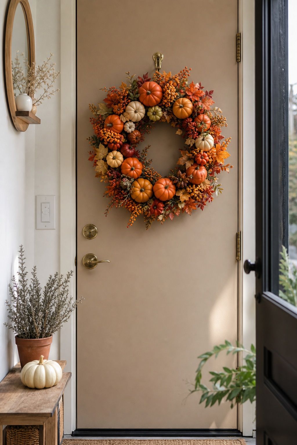 Faux Pumpkin and Berry Cluster Wreath small apartment idea for Top 17 Inviting Thanksgiving Door Decor Ideas for Small Apartments.