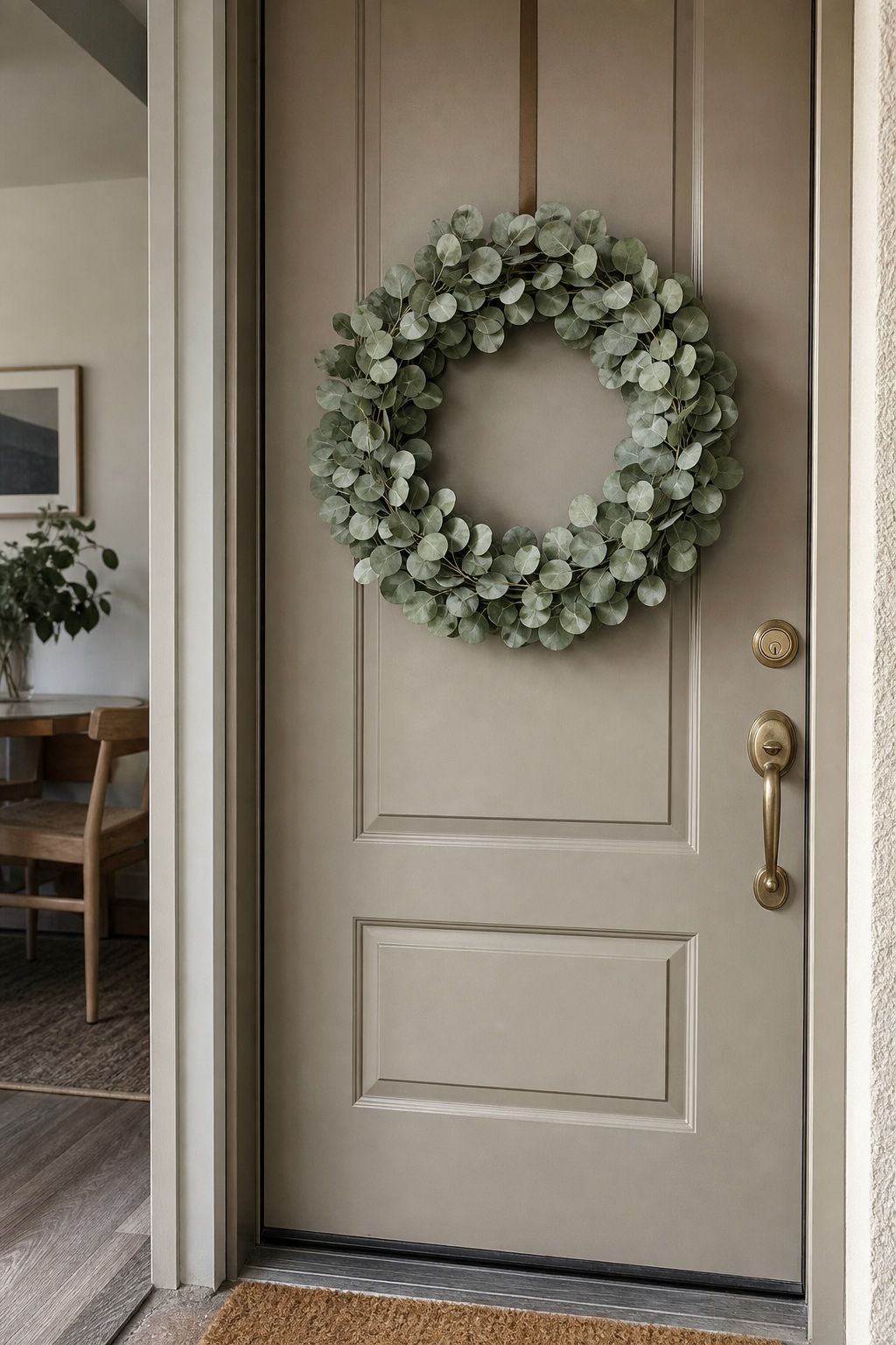 Single-Variety Eucalyptus Wreath in Silver Dollar small apartment idea for Top 17 Inviting Thanksgiving Door Decor Ideas for Small Apartments.