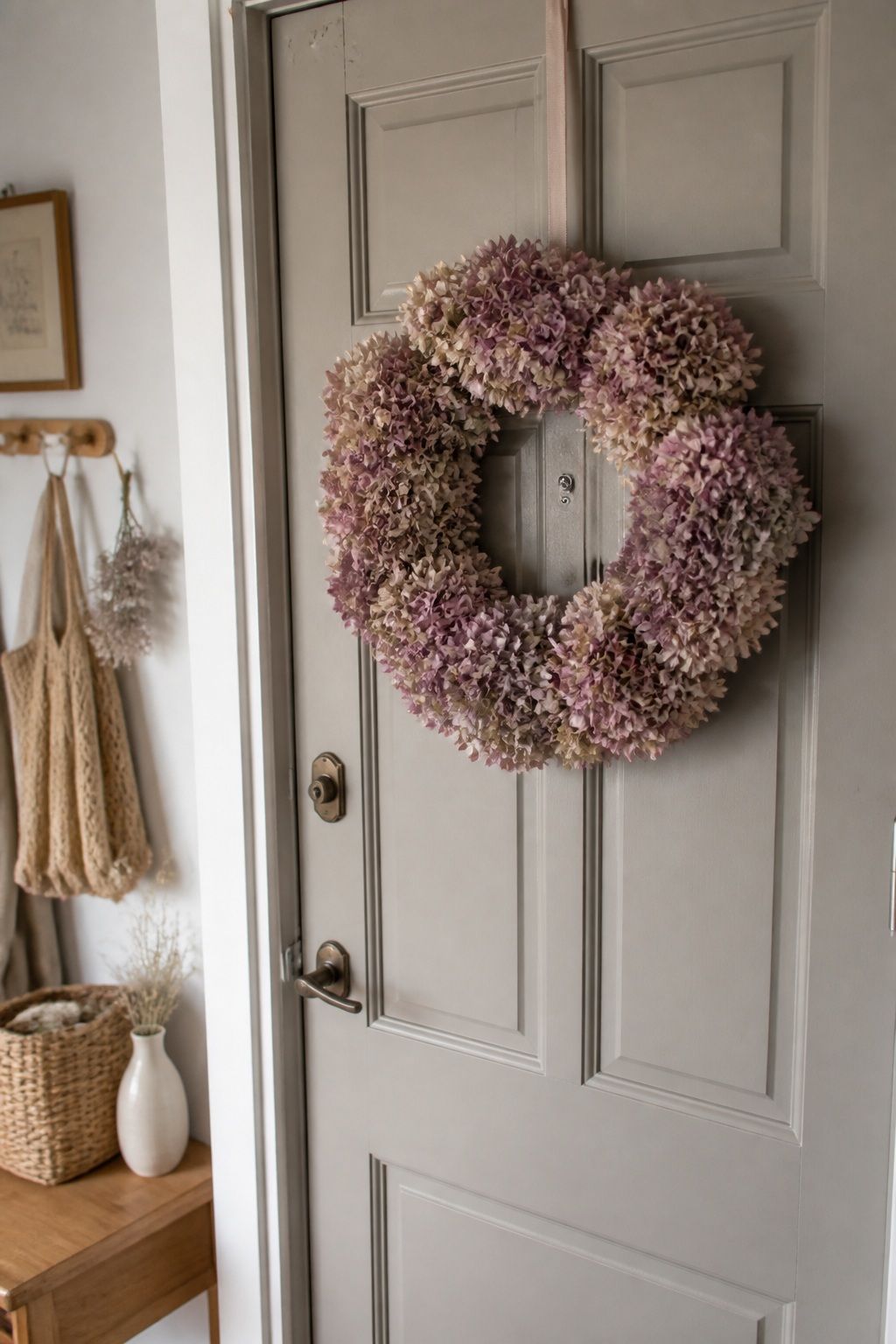 Dried Hydrangea Wreath in Soft Mauve small apartment idea for Top 17 Inviting Thanksgiving Door Decor Ideas for Small Apartments.