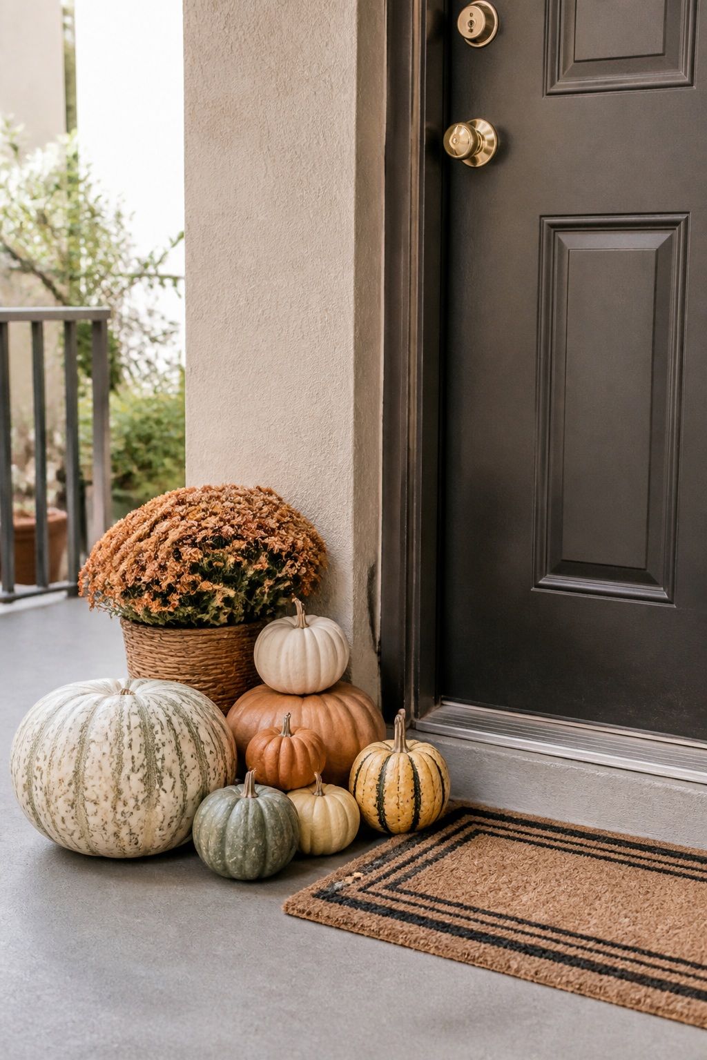 Style a Pumpkin Cluster on the Doorstep small apartment idea for Top 17 Inviting Thanksgiving Door Decor Ideas for Small Apartments.