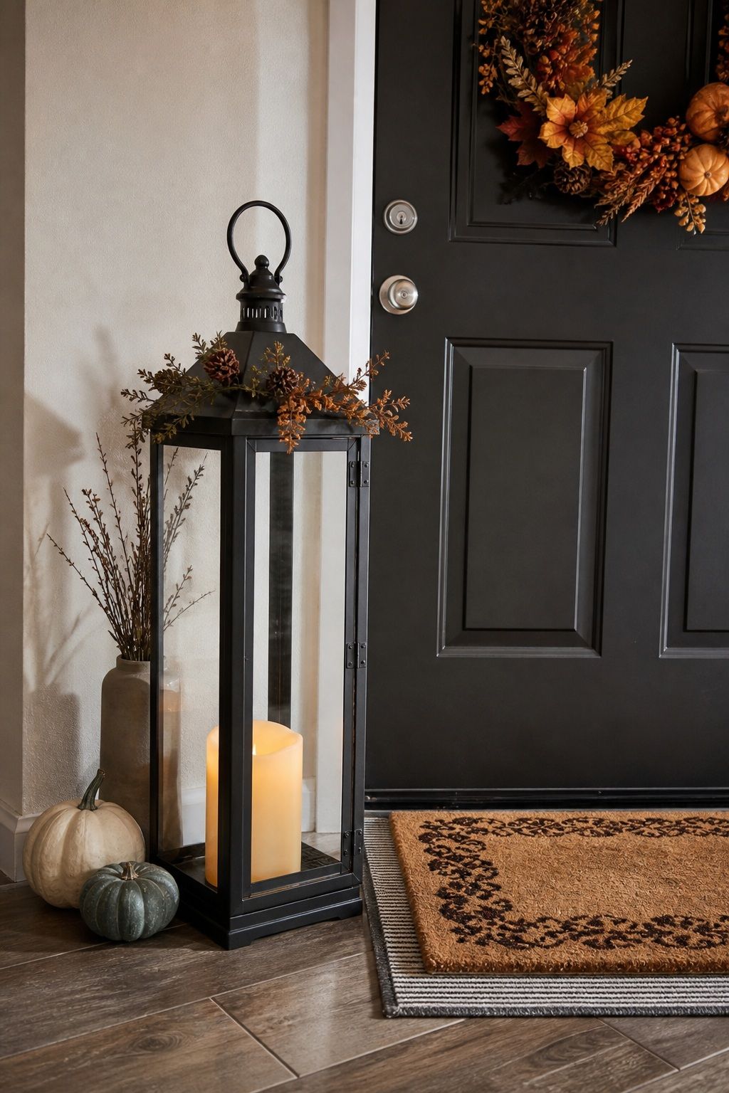 Add a Tall Floor Lantern With LED Candle small apartment idea for Top 17 Inviting Thanksgiving Door Decor Ideas for Small Apartments.