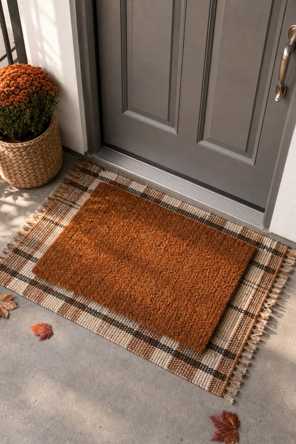 Layer a Fall-Toned Welcome Mat small apartment idea for Top 17 Inviting Thanksgiving Door Decor Ideas for Small Apartments.