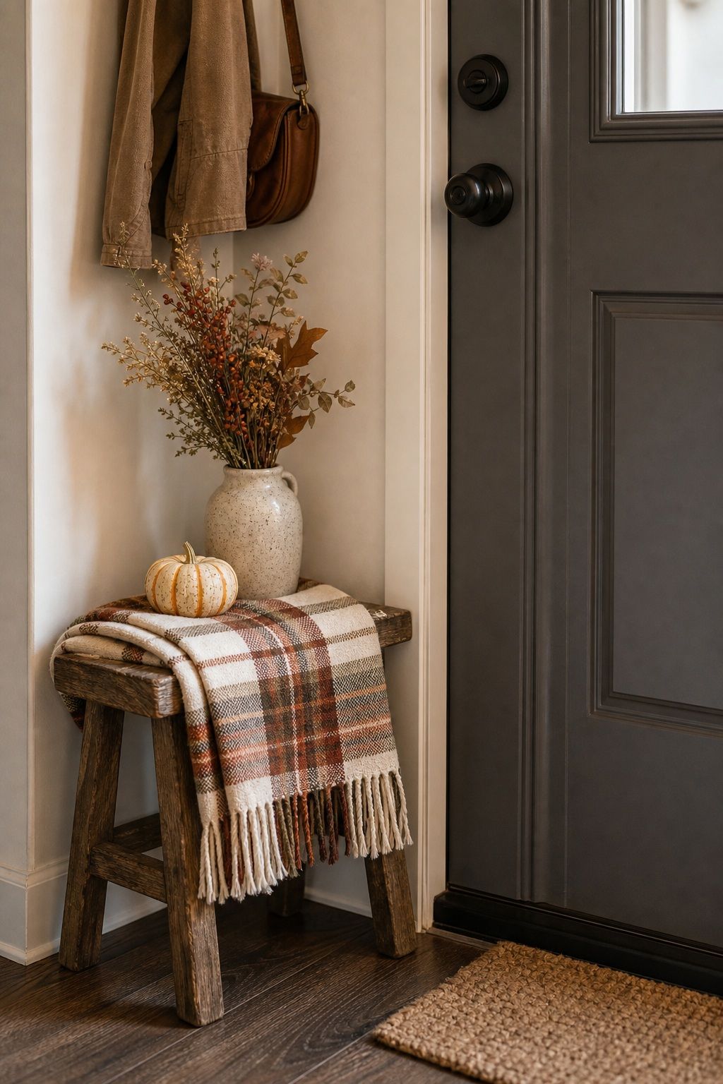 Place a Small Bench or Stool With Styling small apartment idea for Top 17 Inviting Thanksgiving Door Decor Ideas for Small Apartments.