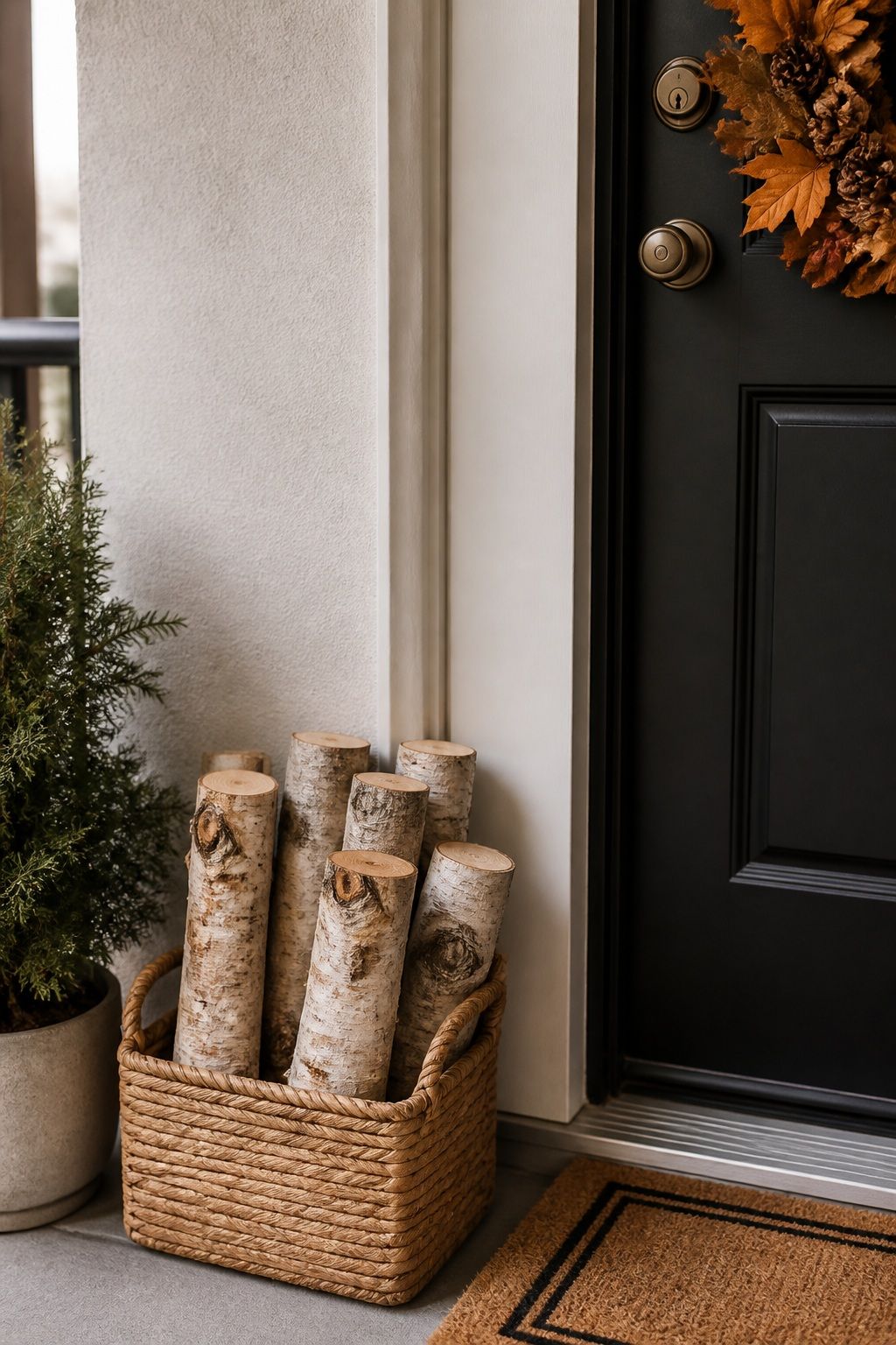 Add a Stack of Faux Logs for Texture small apartment idea for Top 17 Inviting Thanksgiving Door Decor Ideas for Small Apartments.