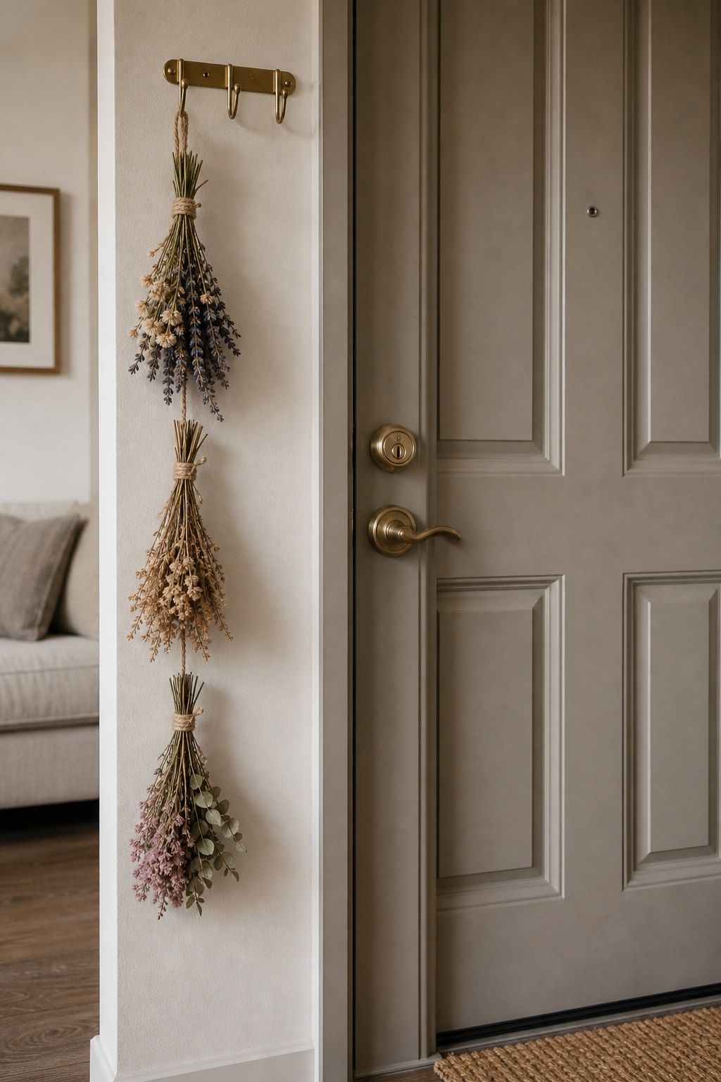 Hang Mini Dried-Flower Bundles Beside the Door small apartment idea for Top 17 Inviting Thanksgiving Door Decor Ideas for Small Apartments.