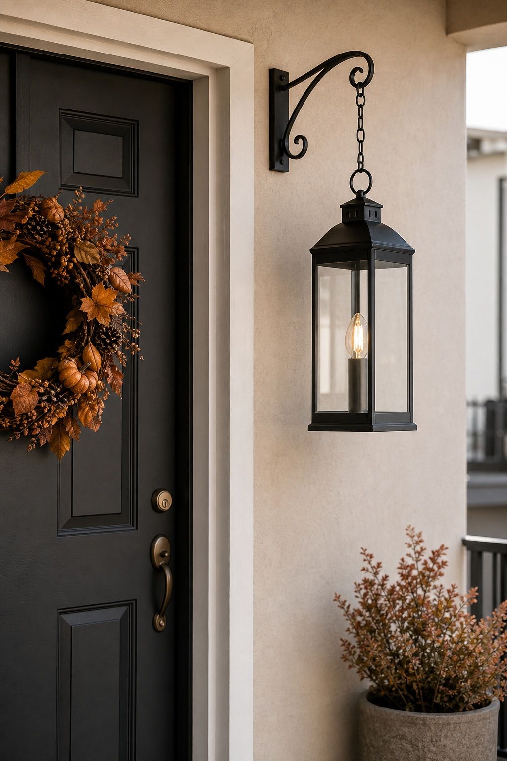 Add a Single Statement Hanging Lantern small apartment idea for Top 17 Inviting Thanksgiving Door Decor Ideas for Small Apartments.