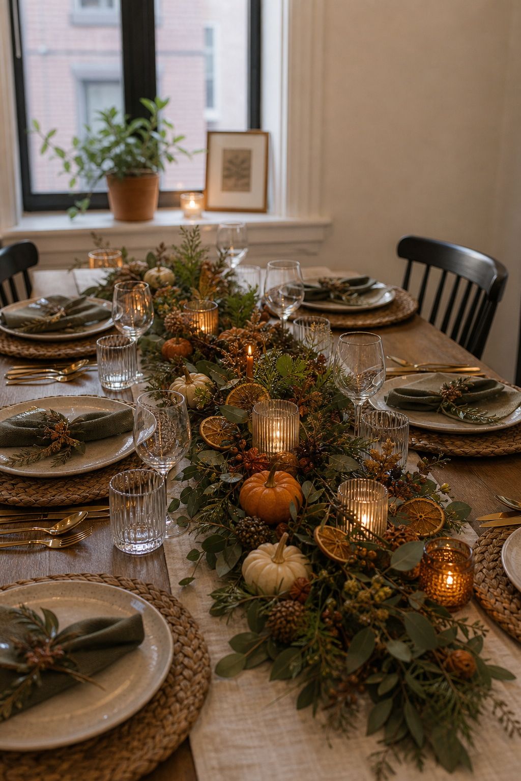 Layer a Long Low Centerpiece Down the Table Center small apartment idea for Top 18 Thoughtful Thanksgiving Hosting Ideas to Make Your Celebration Shine.