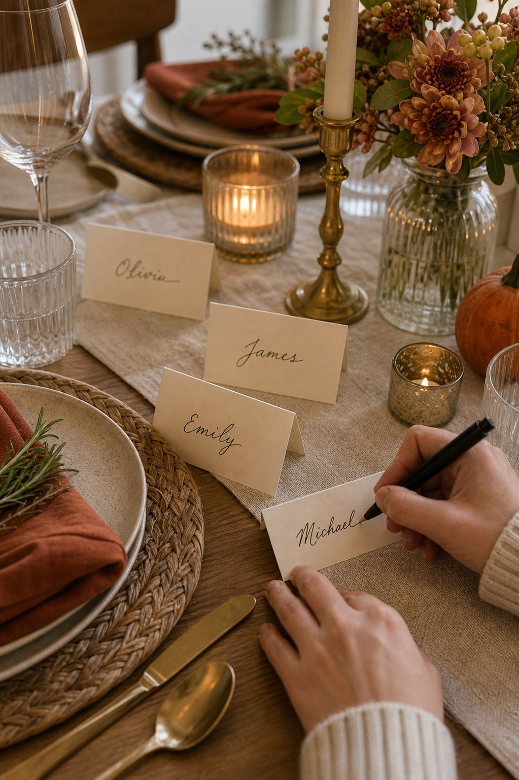 Hand-Write Place Cards So Everyone Knows Their Seat small apartment idea for Top 18 Thoughtful Thanksgiving Hosting Ideas to Make Your Celebration Shine.