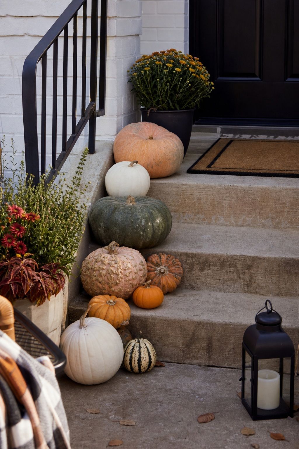 Group Pumpkins on the Steps small apartment idea for Top 18 Fall Porch Decor Ideas for Apartments and Small Outdoor Spaces.
