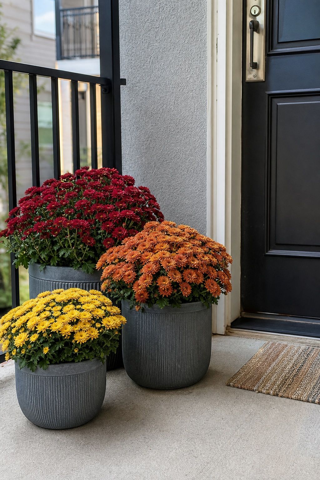 Add Mums in Matching Planters small apartment idea for Top 18 Fall Porch Decor Ideas for Apartments and Small Outdoor Spaces.