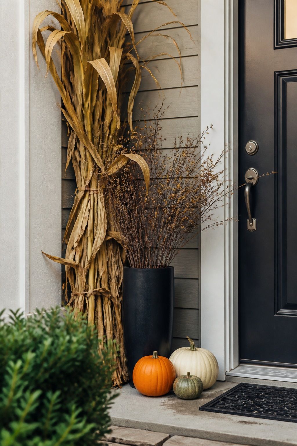 Layer in Cornstalks and Dried Branches small apartment idea for Top 18 Fall Porch Decor Ideas for Apartments and Small Outdoor Spaces.