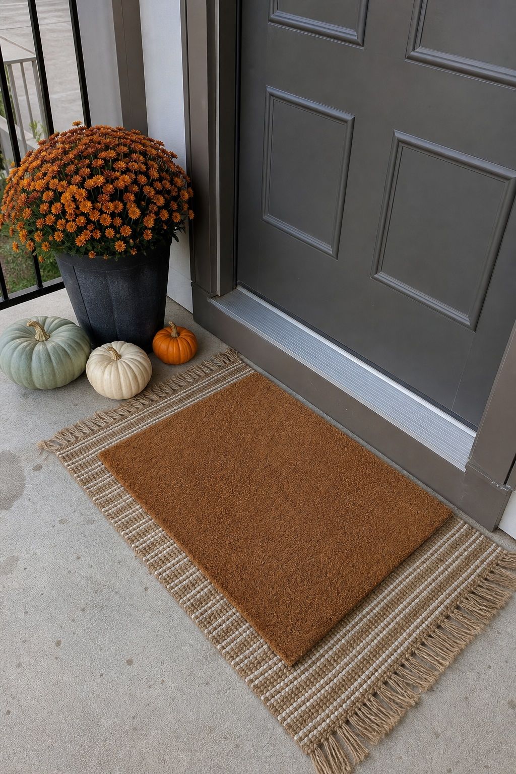 Put Down a Layered Doormat small apartment idea for Top 18 Fall Porch Decor Ideas for Apartments and Small Outdoor Spaces.