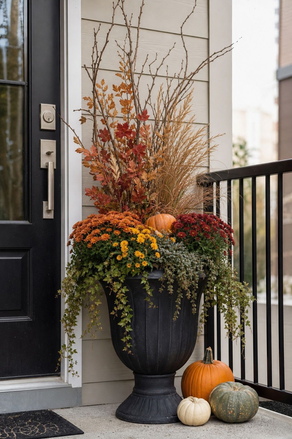 Fill an Urn or Large Planter by the Door small apartment idea for Top 18 Fall Porch Decor Ideas for Apartments and Small Outdoor Spaces.