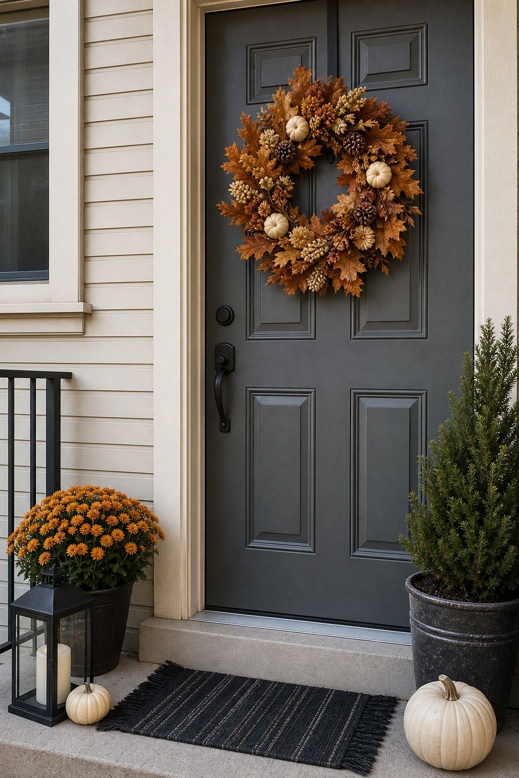 Hang One Wreath That Suits the Door small apartment idea for Top 18 Fall Porch Decor Ideas for Apartments and Small Outdoor Spaces.